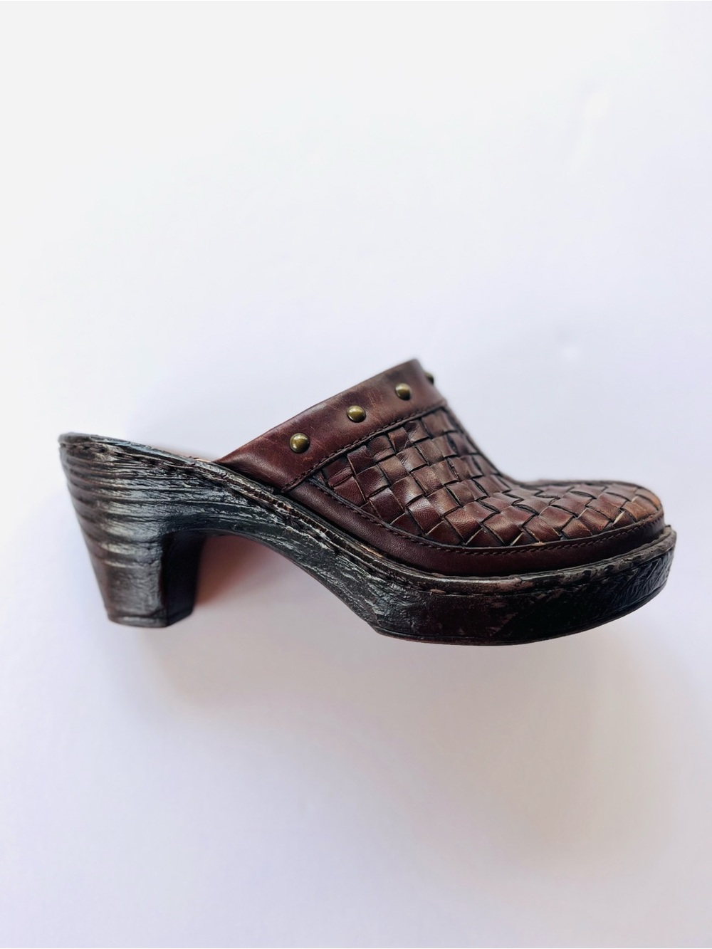 Vintage Clogs Size 6 Born Dark Brown Woven Leather Stud Mule Heels Wood Chunky